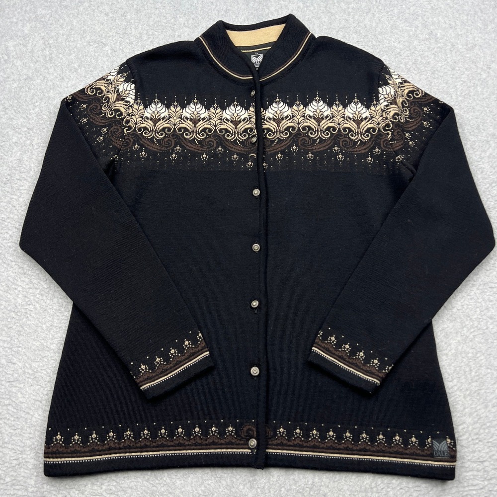 Dale of Norway Cardigan Womens Large Black Fair Isle Wool Mock Button Up Sweater